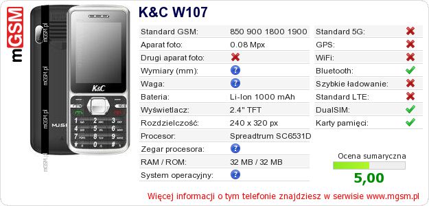 Dane telefonu K&C W107