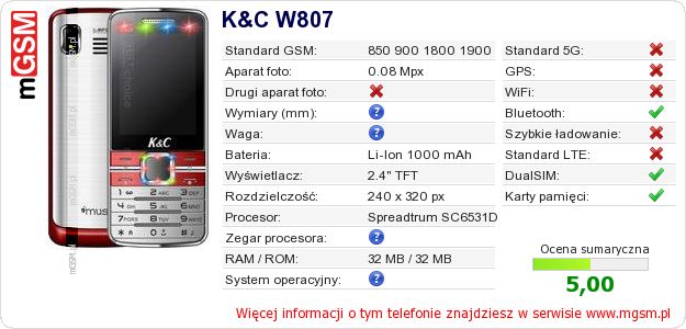 Dane telefonu K&C W807 Dane telefonu K&C W807