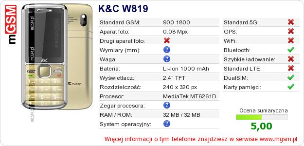 Dane telefonu K&C W819 Dane telefonu K&C W819
