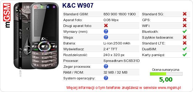 Dane telefonu K&C W907