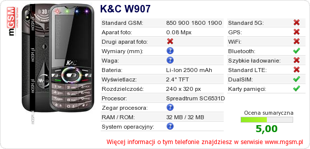 Dane telefonu K&C W907 Dane telefonu K&C W907