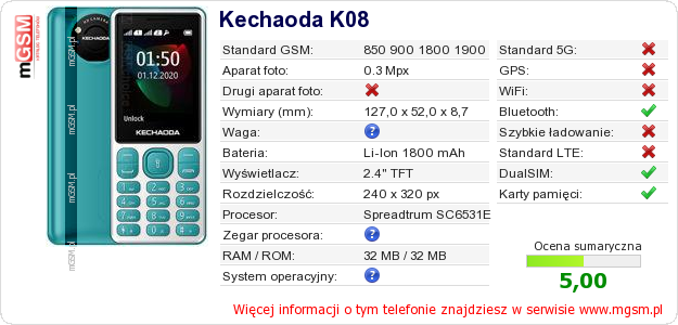 Dane telefonu Kechaoda K08