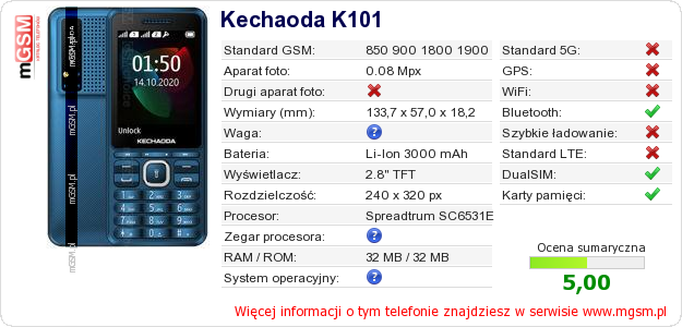 Dane telefonu Kechaoda K101