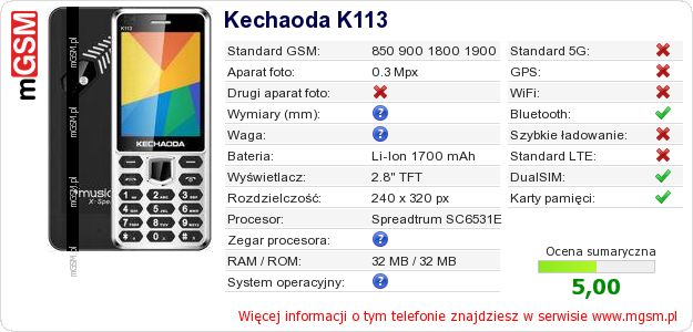 Dane telefonu Kechaoda K113