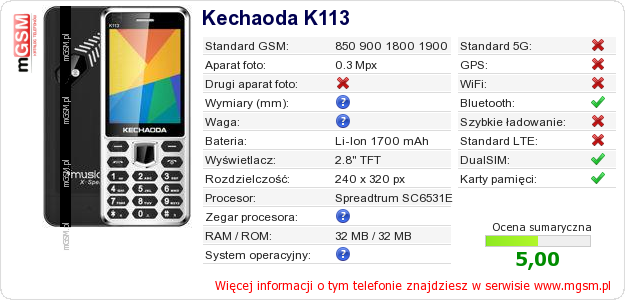 Dane telefonu Kechaoda K113