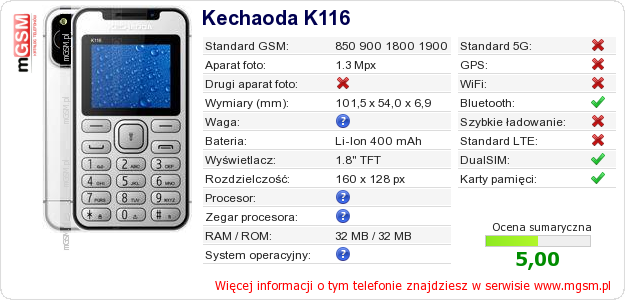 Dane telefonu Kechaoda K116
