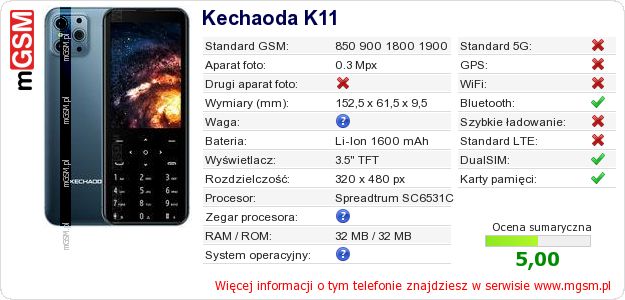 Dane telefonu Kechaoda K11