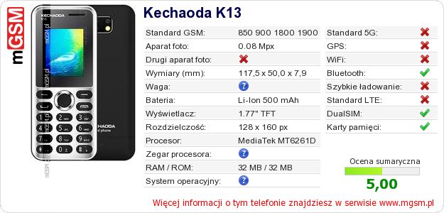 Dane telefonu Kechaoda K13