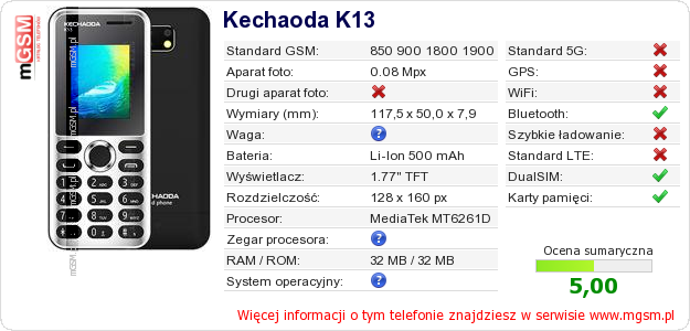 Dane telefonu Kechaoda K13