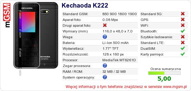 Dane telefonu Kechaoda K222