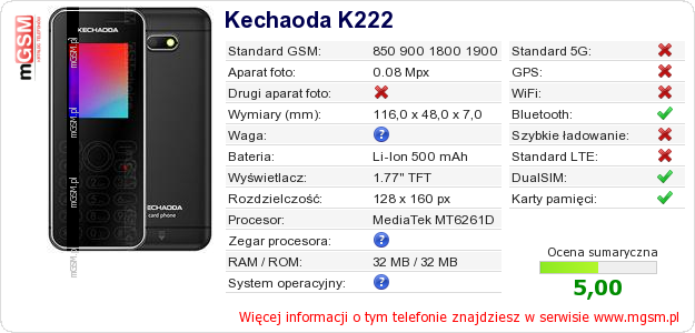 Dane telefonu Kechaoda K222 Dane telefonu Kechaoda K222