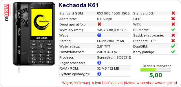 Dane telefonu Kechaoda K61