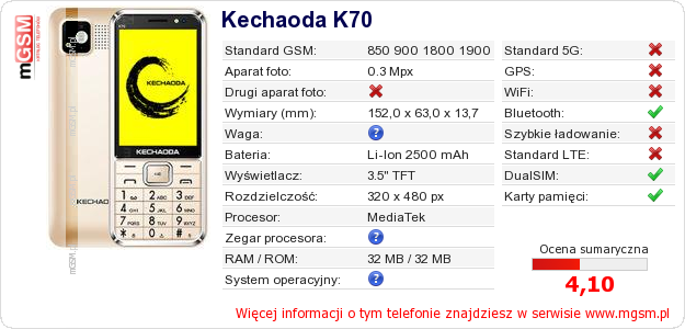Dane telefonu Kechaoda K70 Dane telefonu Kechaoda K70