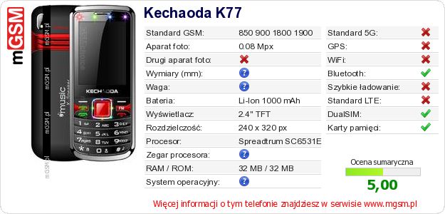 Dane telefonu Kechaoda K77 Dane telefonu Kechaoda K77