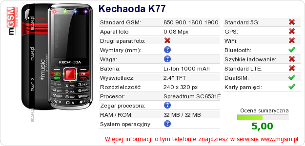 Dane telefonu Kechaoda K77 Dane telefonu Kechaoda K77