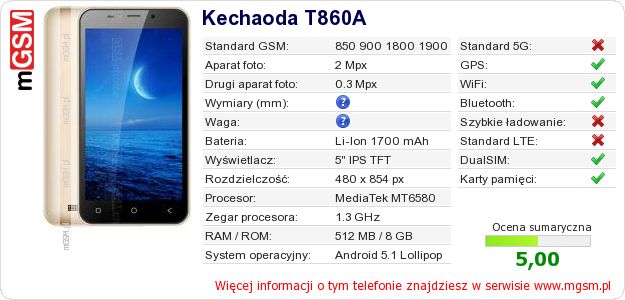 Dane telefonu Kechaoda T860A Dane telefonu Kechaoda T860A