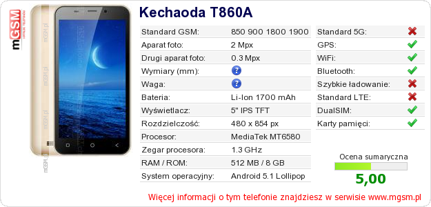 Dane telefonu Kechaoda T860A