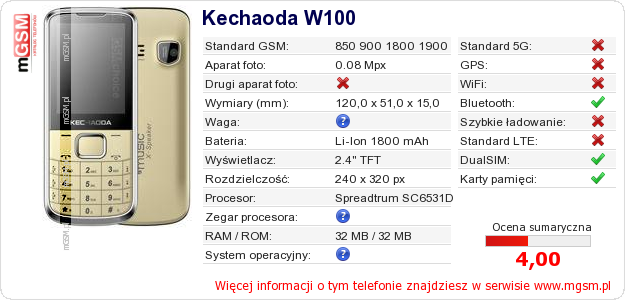 Dane telefonu Kechaoda W100