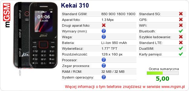 Dane telefonu Kekai 310 Dane telefonu Kekai 310