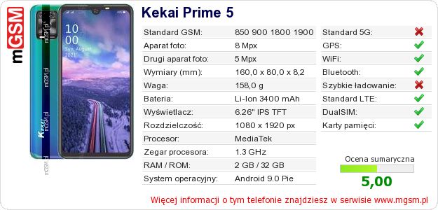 Dane telefonu Kekai Prime 5