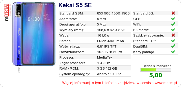 Dane telefonu Kekai S5 SE Dane telefonu Kekai S5 SE