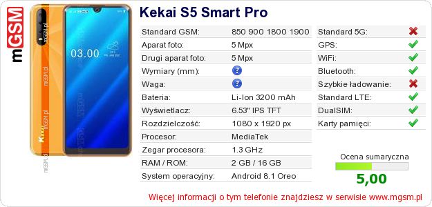 Dane telefonu Kekai S5 Smart Pro Dane telefonu Kekai S5 Smart Pro