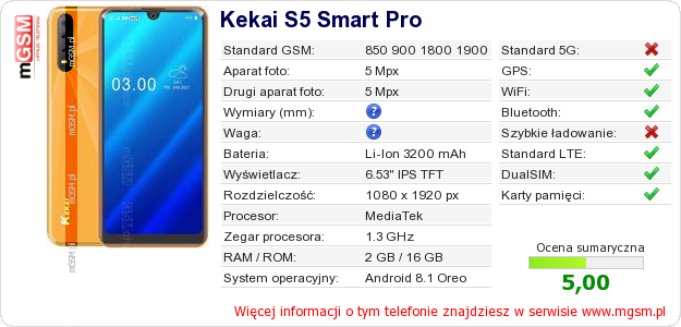 Dane telefonu Kekai S5 Smart Pro
