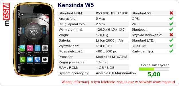 Dane telefonu Kenxinda W5