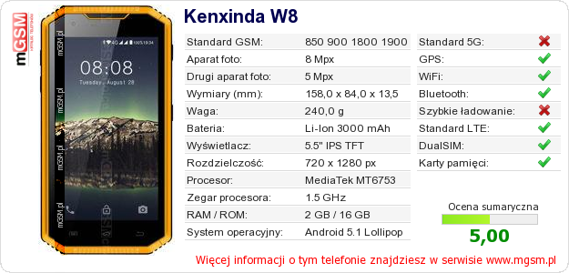 Dane telefonu Kenxinda W8