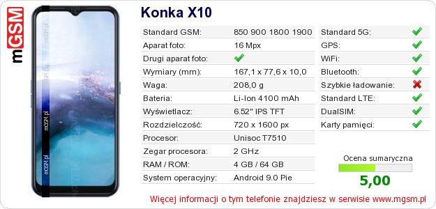 Dane telefonu Konka X10 Dane telefonu Konka X10