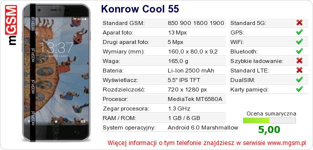 Dane telefonu Konrow Cool 55 Dane telefonu Konrow Cool 55