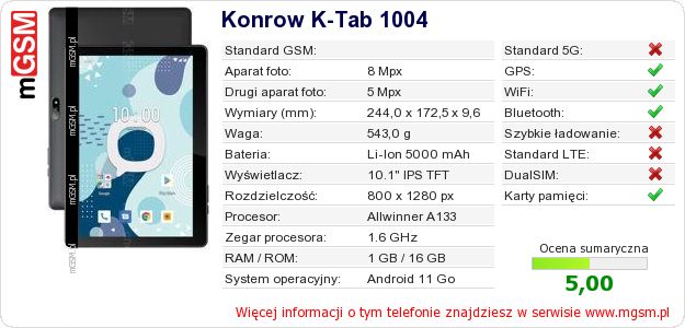 Dane telefonu Konrow K-Tab 1004 Dane telefonu Konrow K-Tab 1004