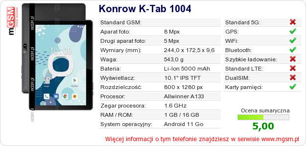 Dane telefonu Konrow K-Tab 1004