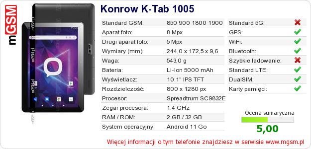 Dane telefonu Konrow K-Tab 1005