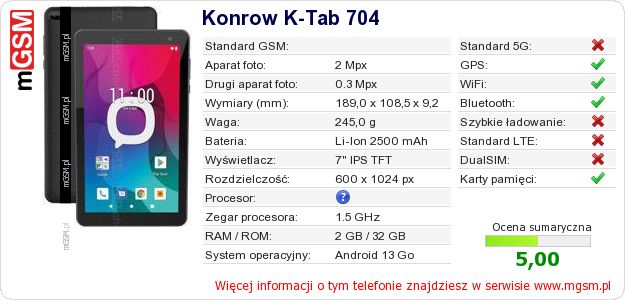 Dane telefonu Konrow K-Tab 704 Dane telefonu Konrow K-Tab 704