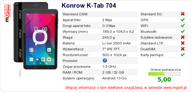 Dane telefonu Konrow K-Tab 704