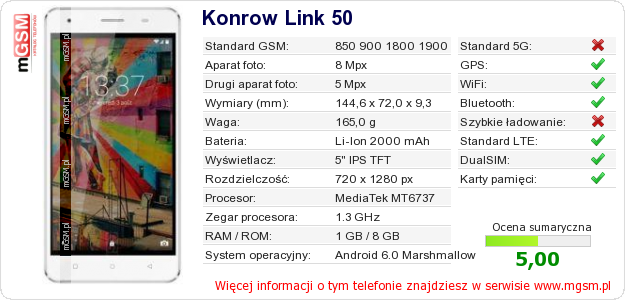 Dane telefonu Konrow Link 50