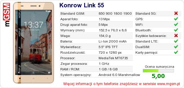 Dane telefonu Konrow Link 55