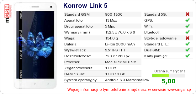 Dane telefonu Konrow Link 5