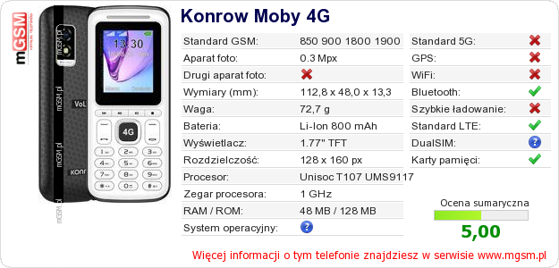 Dane telefonu Konrow Moby 4G