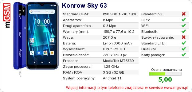 Dane telefonu Konrow Sky 63 Dane telefonu Konrow Sky 63