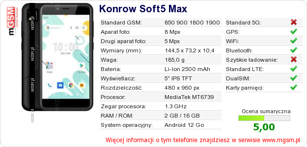 Dane telefonu Konrow Soft5 Max