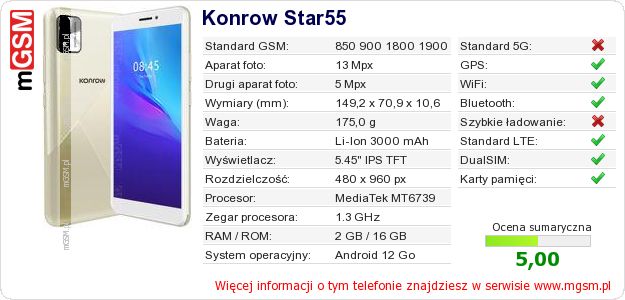 Dane telefonu Konrow Star55 Dane telefonu Konrow Star55