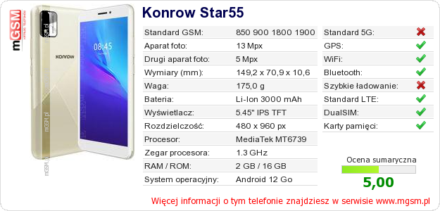 Dane telefonu Konrow Star55 Dane telefonu Konrow Star55