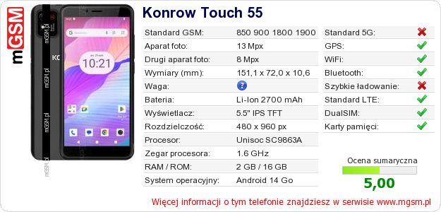 Dane telefonu Konrow Touch 55