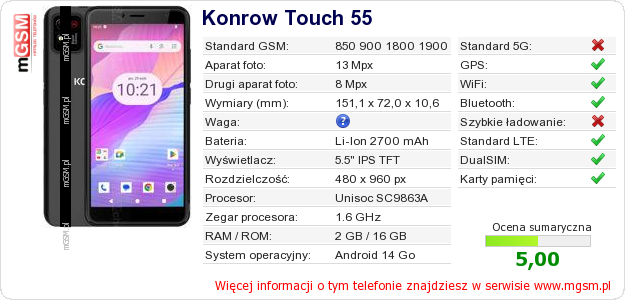 Dane telefonu Konrow Touch 55