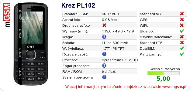 Dane telefonu Krez PL102