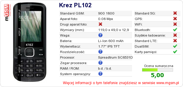 Dane telefonu Krez PL102 Dane telefonu Krez PL102