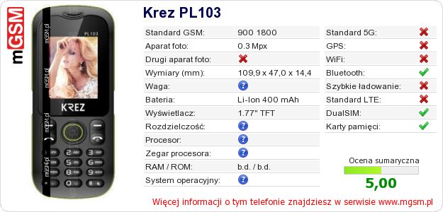 Dane telefonu Krez PL103