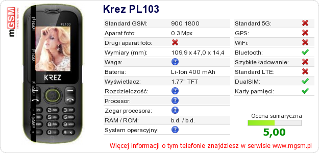 Dane telefonu Krez PL103 Dane telefonu Krez PL103